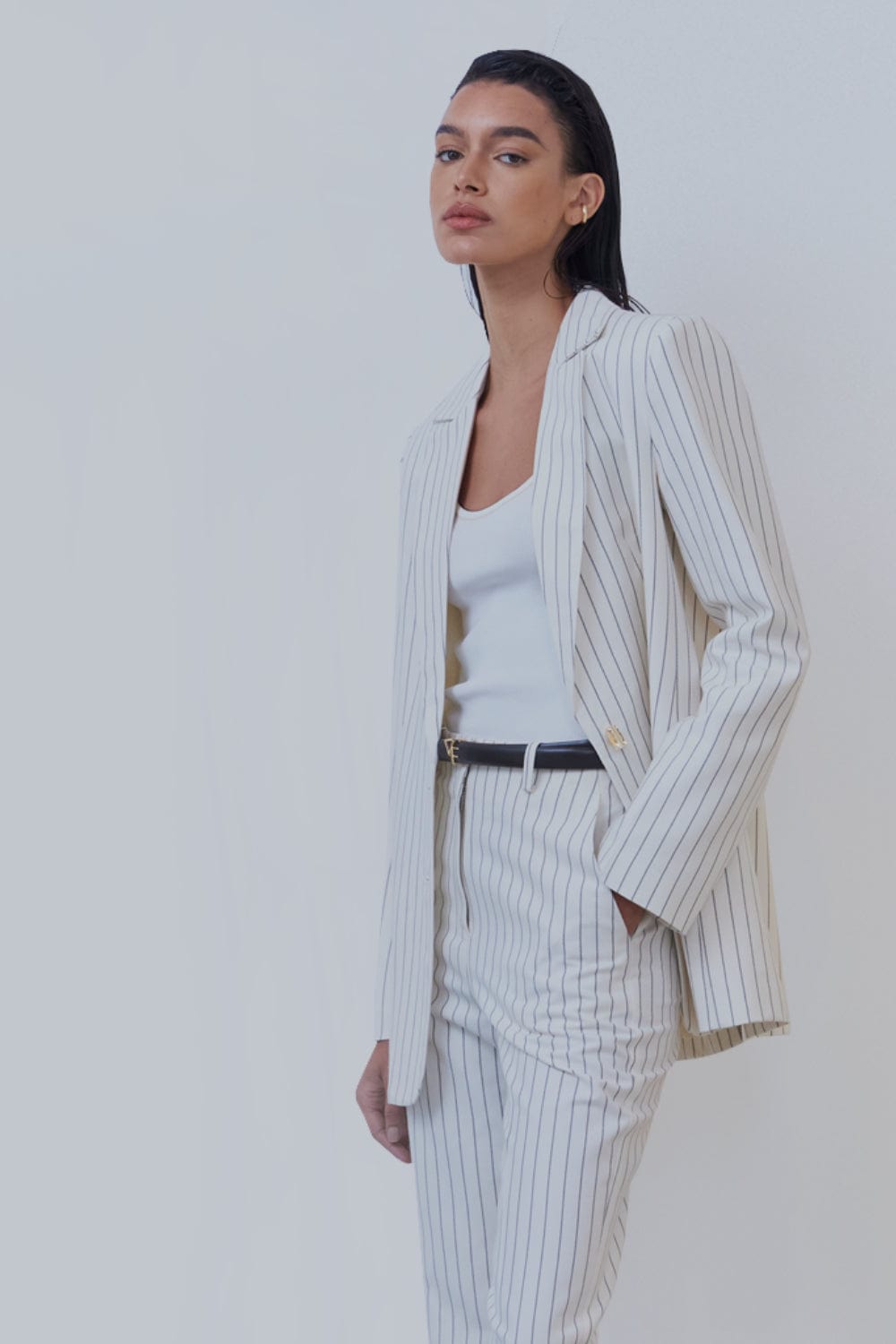 Viviane Furrier - Blazer Alongado Alfaiataria Risca de Giz Preto