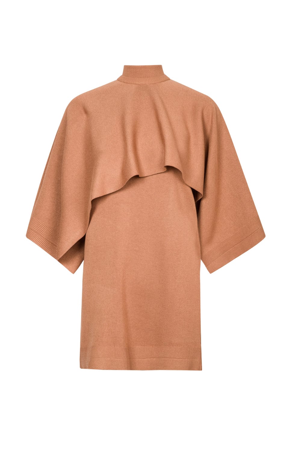 Coven -  Vestido Curto em Tricot Acabamento Canelado com Sobreposição Caramelo