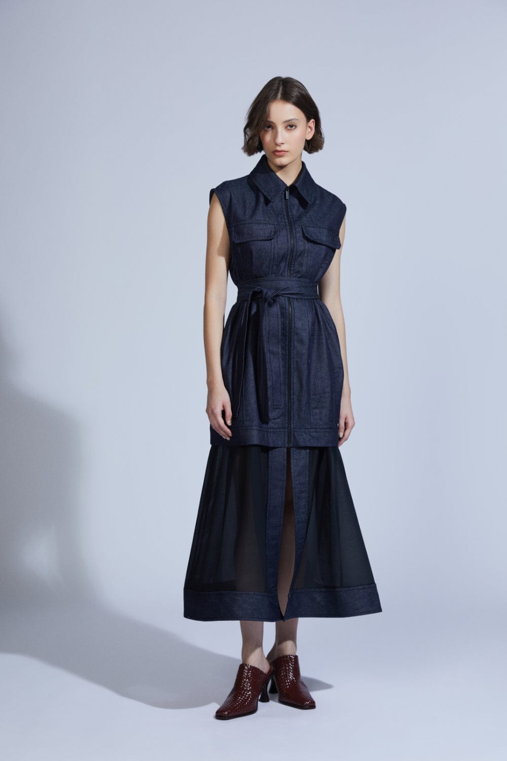 Coven - Vestido Midi Jeans com Voil