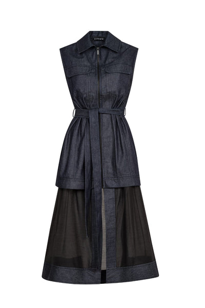 Coven - Vestido Midi Jeans com Voil