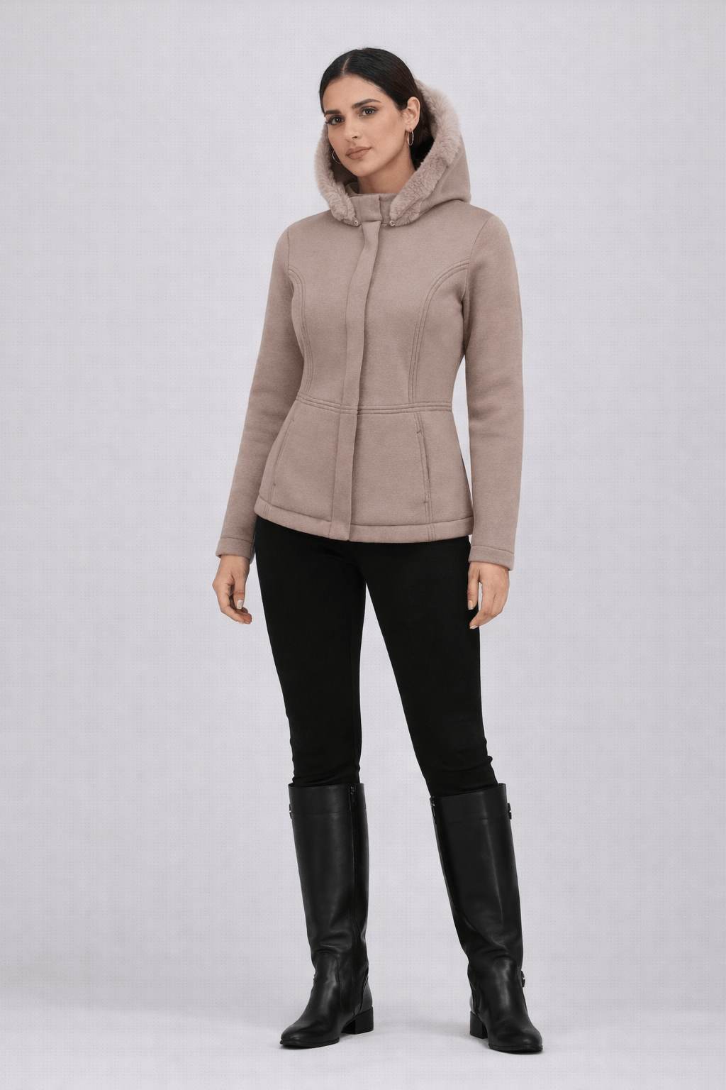 Viviane Furrier - Casaco Tricot Dublado com Capuz Removível Cinza Fendi