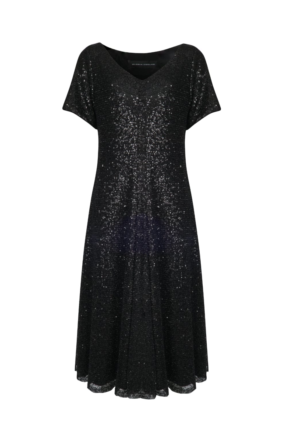 Glória Coelho - Vestido Midi Evasê Tela em Paetês Preto