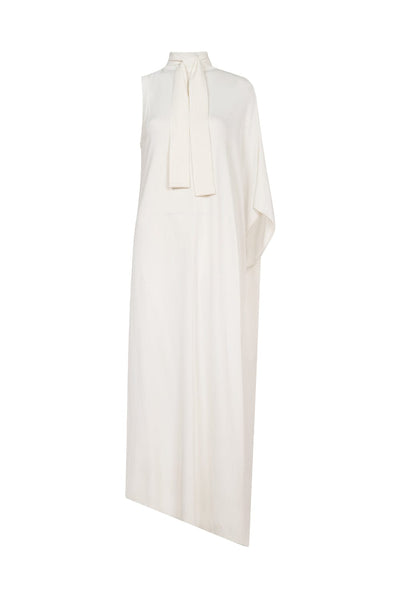 Coven - Vestido Midi Assimétrico Tricot Gola Alta Off White