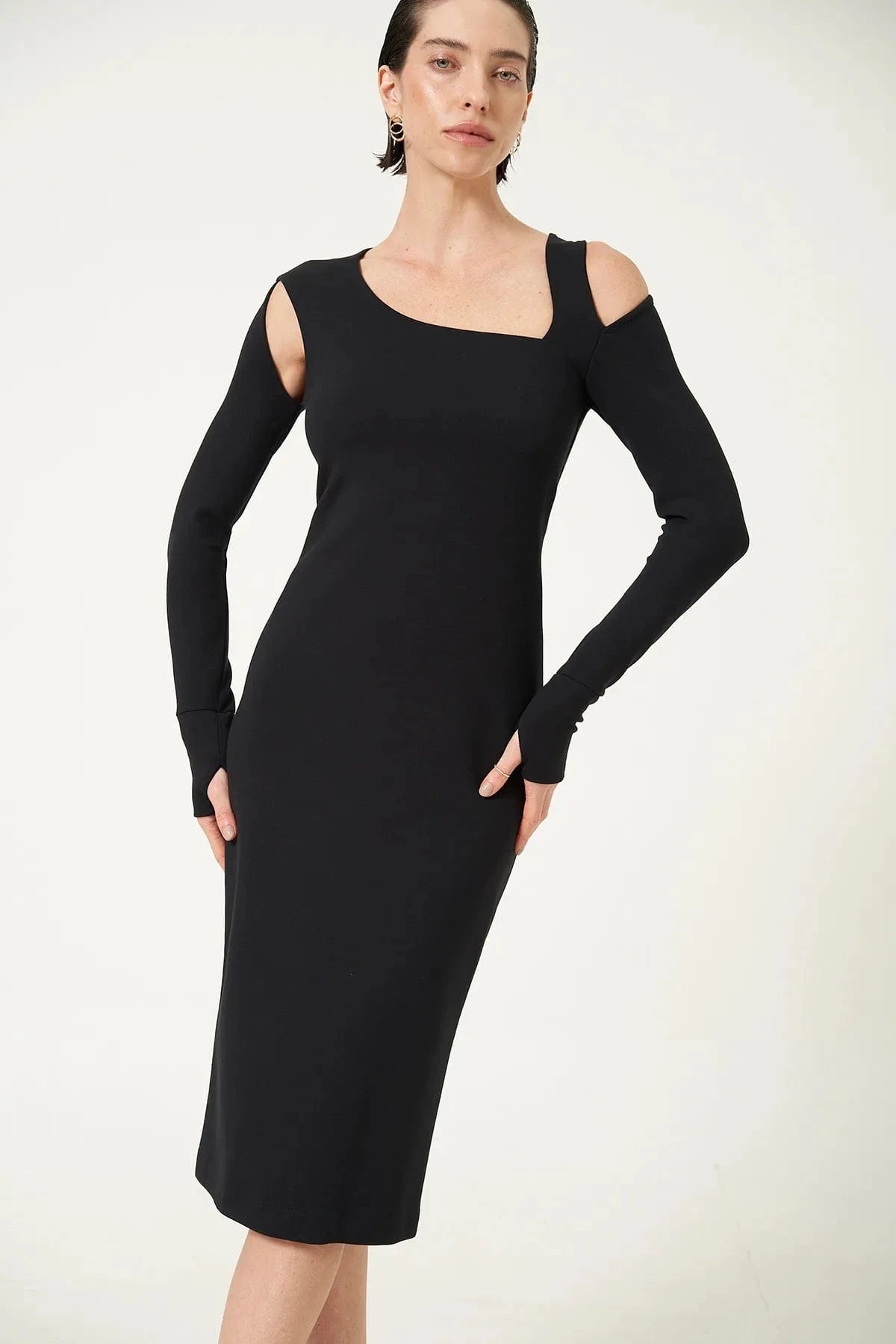 Glória Coelho - Vestido Midi Recortes Manga Longa Preto