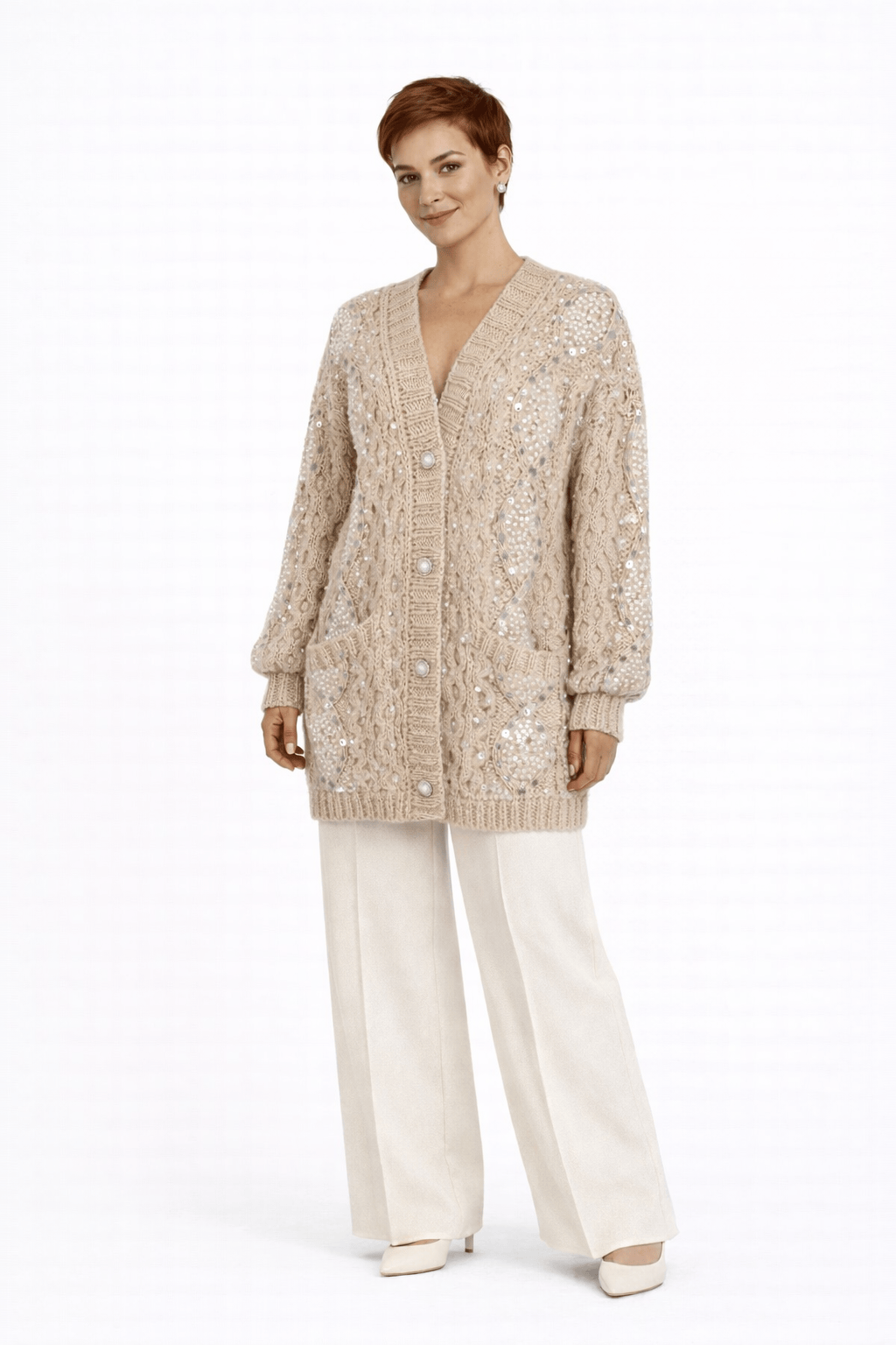 Cardigan Tricot Pérolas Aberto Bege