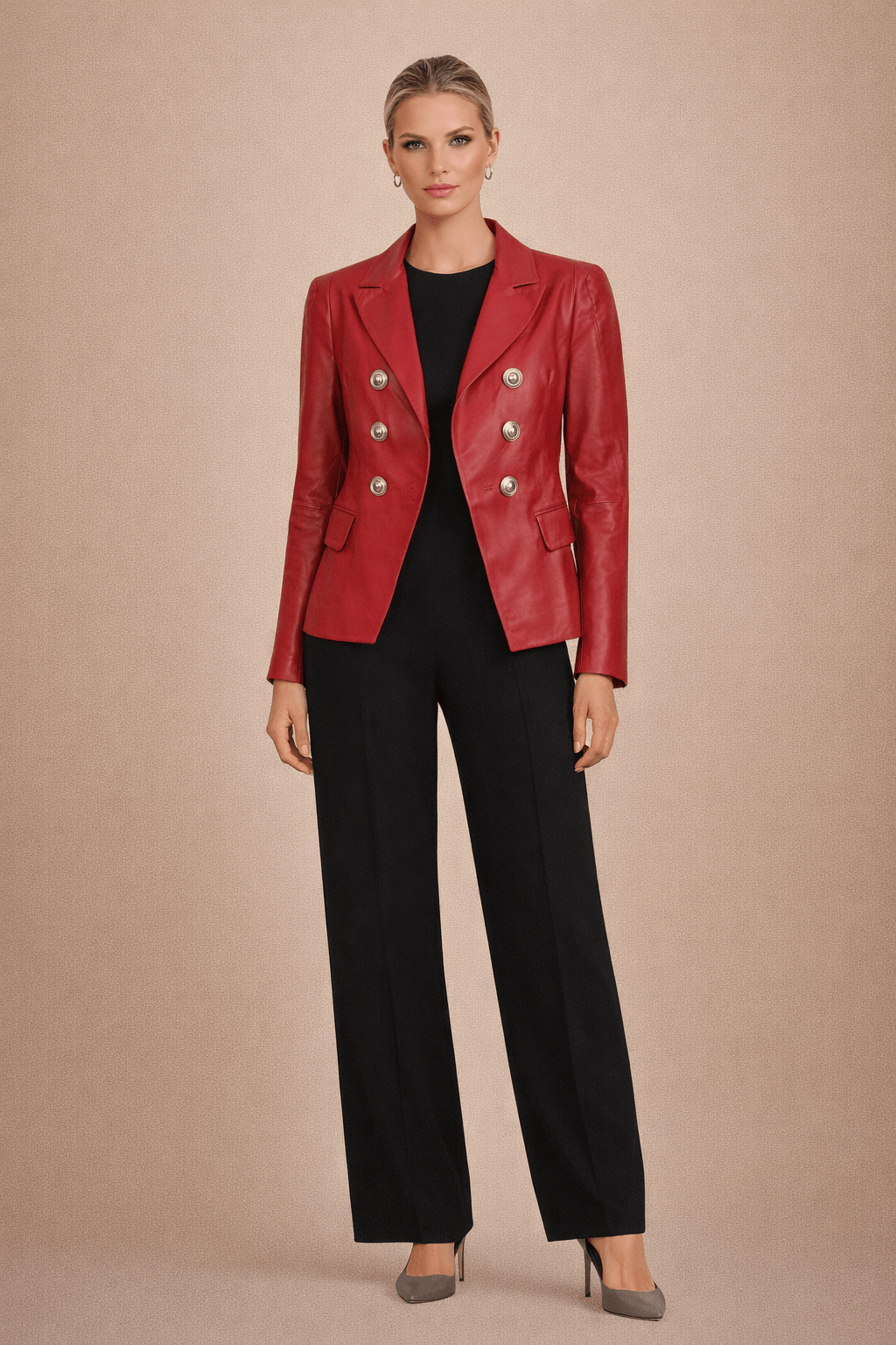 M Leal - Blazer 100% Couro Botões Vermelho