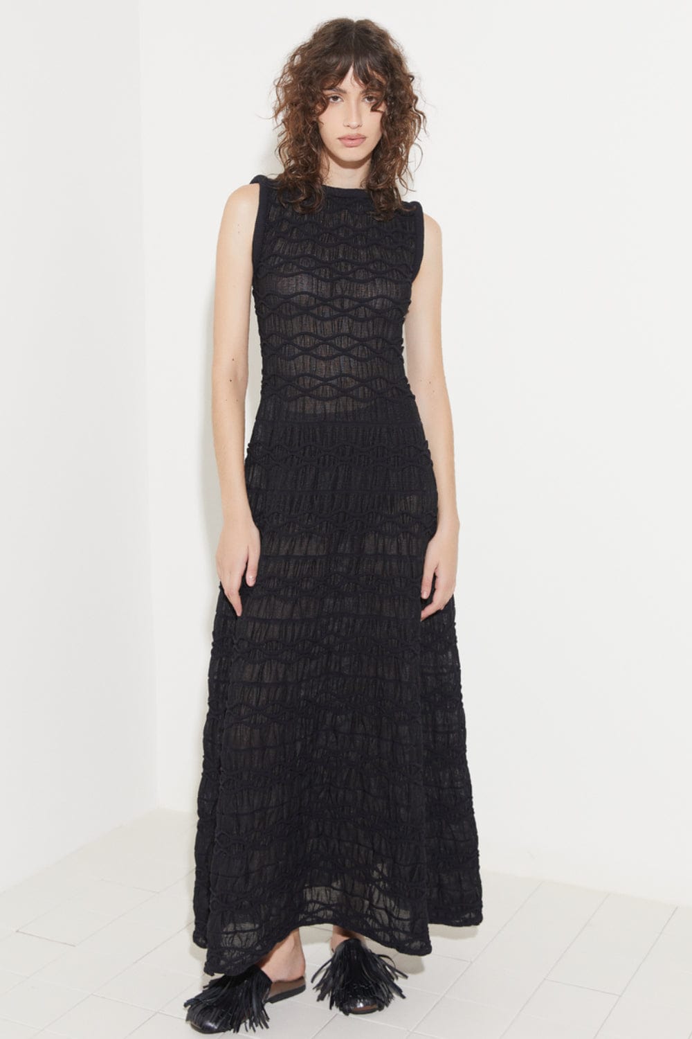 Coven - Vestido Longo Tricot Cordas Tridimensionais Preto