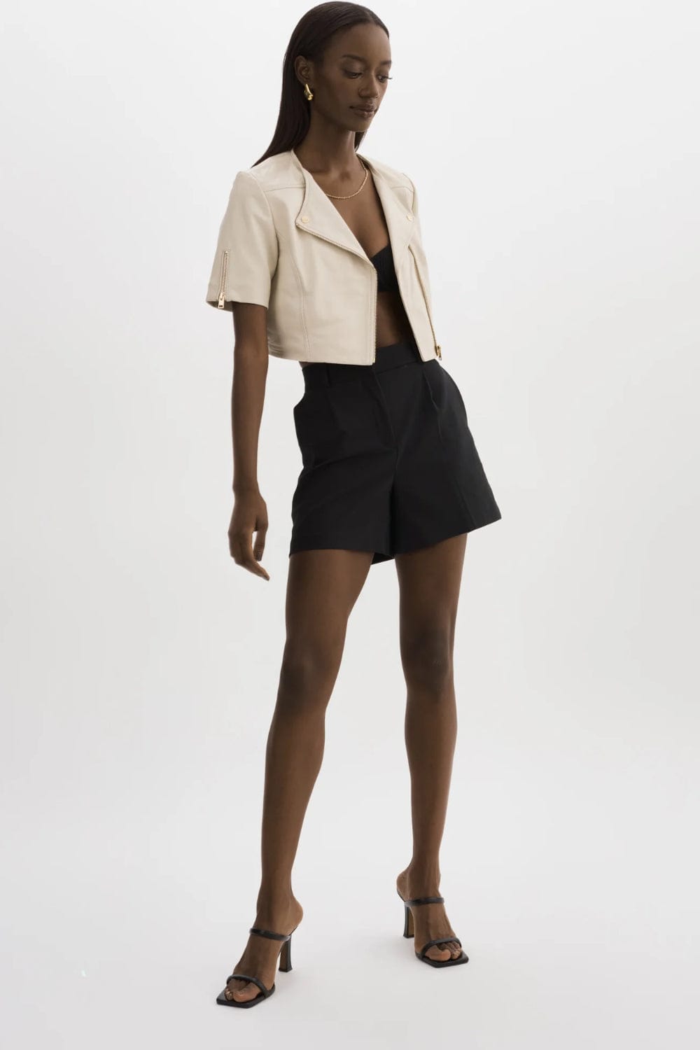 Lamarque - Jaqueta Cropped  Manga Curta Couro Kirsi 21 Gelo