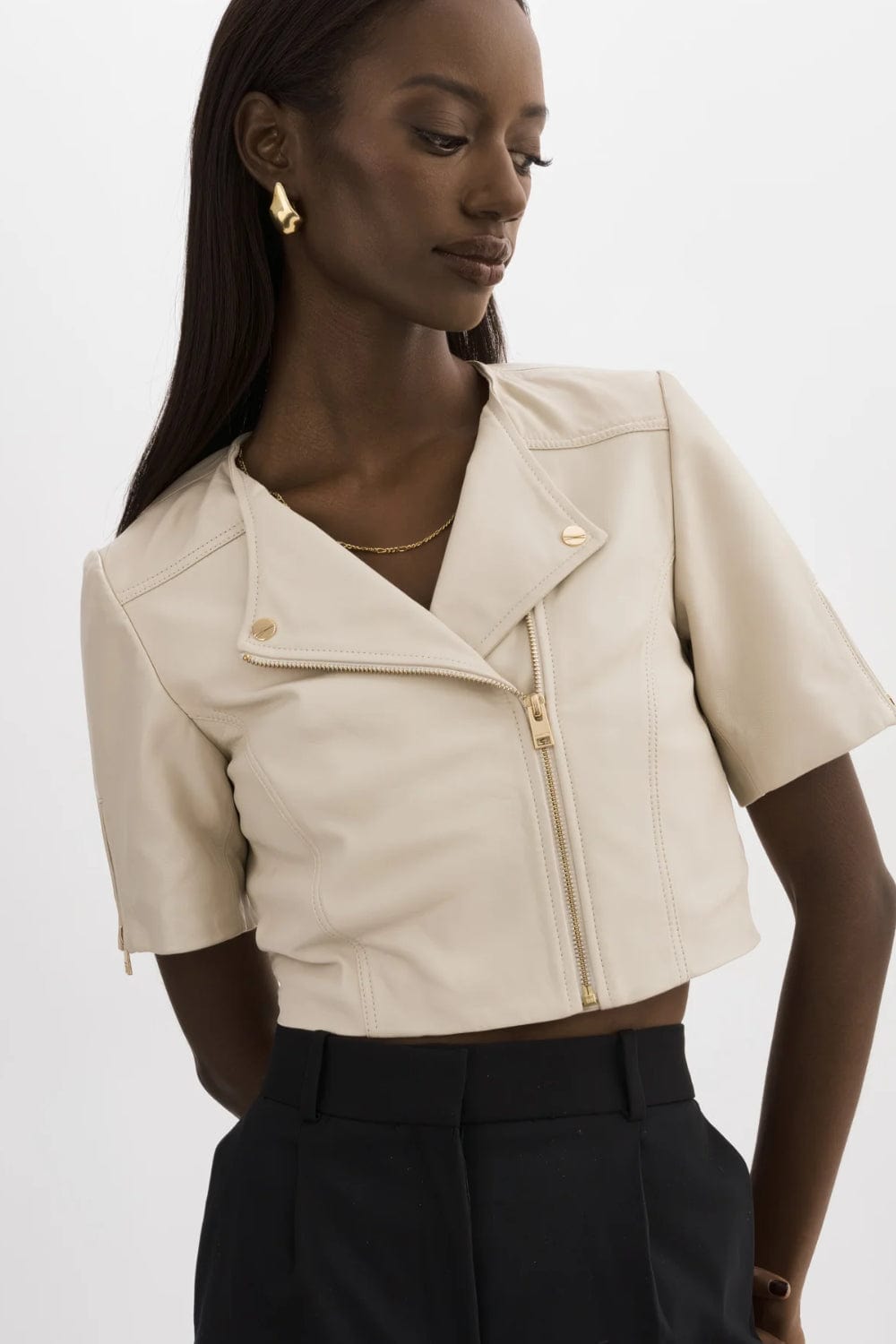 Lamarque - Jaqueta Cropped  Manga Curta Couro Kirsi 21 Gelo