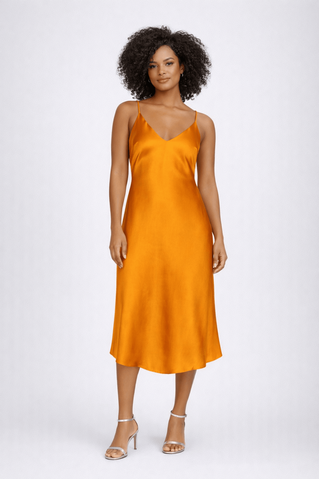 Ilta - Vestido Midi Alça Fina Slip Seda Laranja