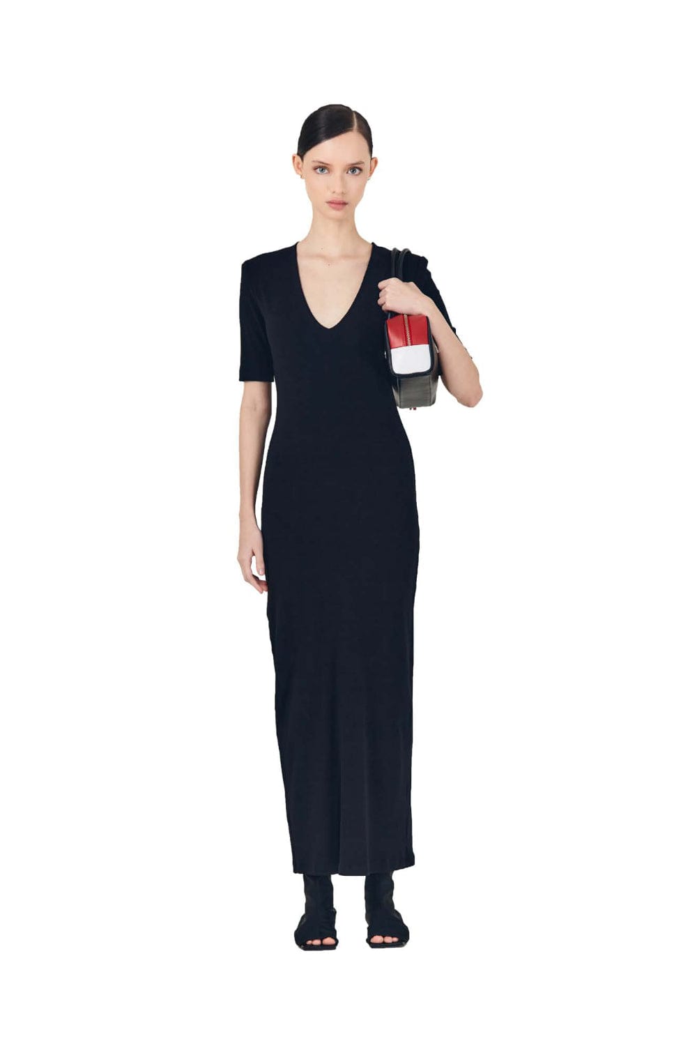 Glória Coelho - Vestido Midi em Malha com Ombreira Preto