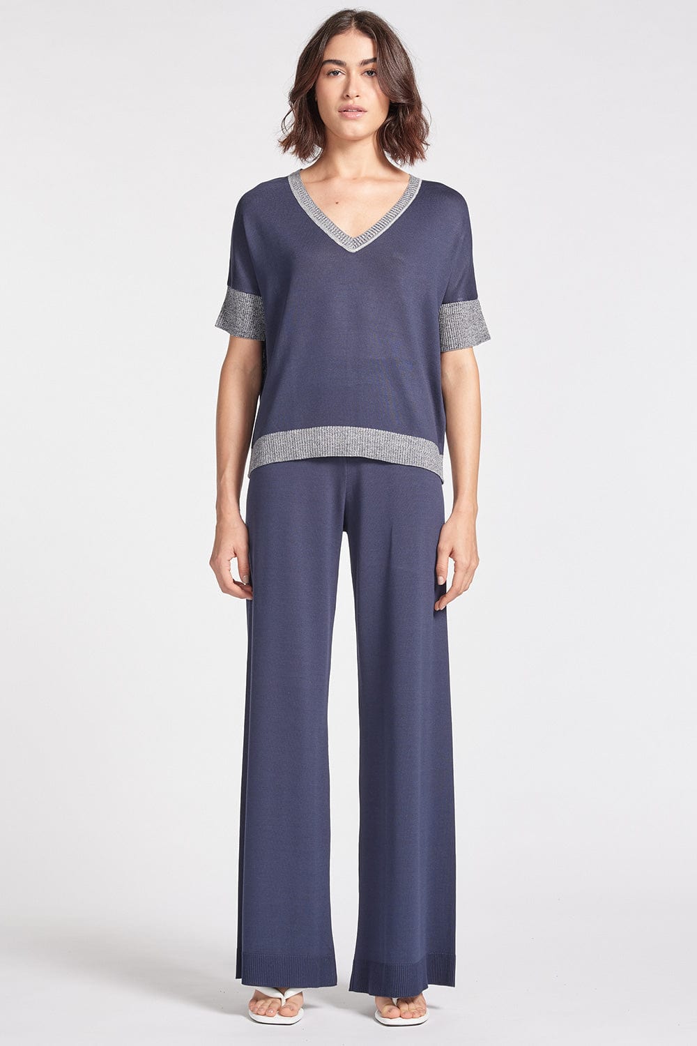 Viviane Furrier - Calça Reta Cós Largo Tricot Azul Marinho