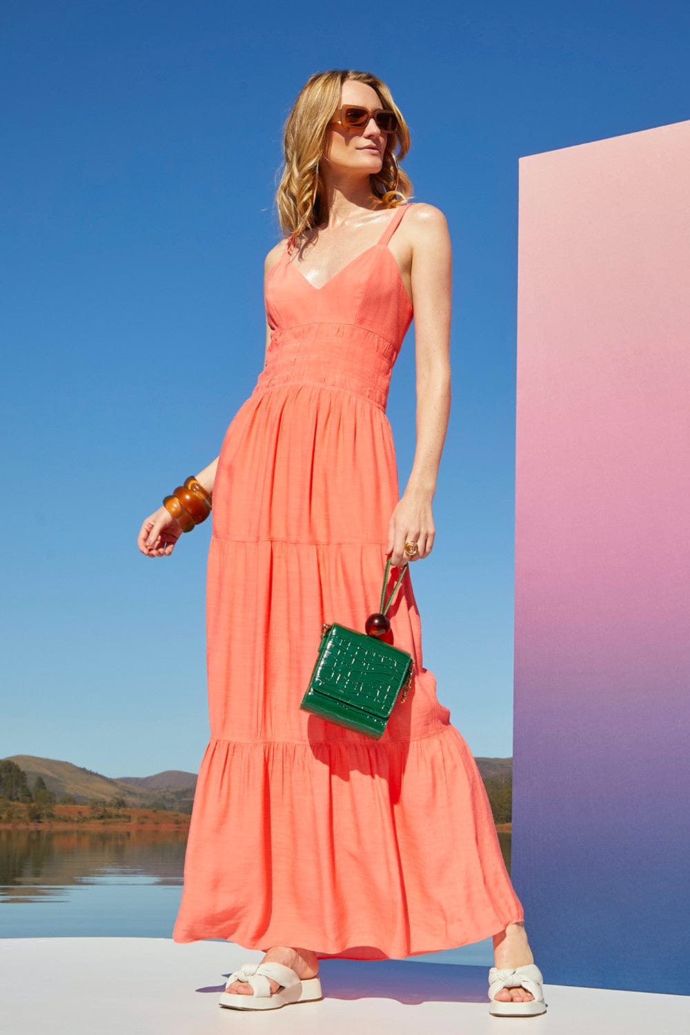 Romaria - Vestido Longo Alça Fina Laranja