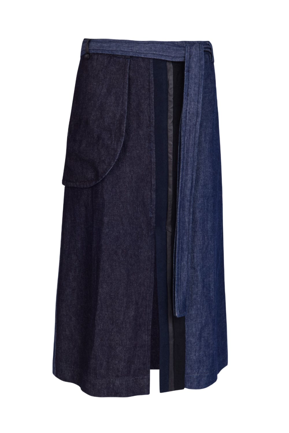 Coven -  Saia Midi Jeans Recortes Couro e Lã