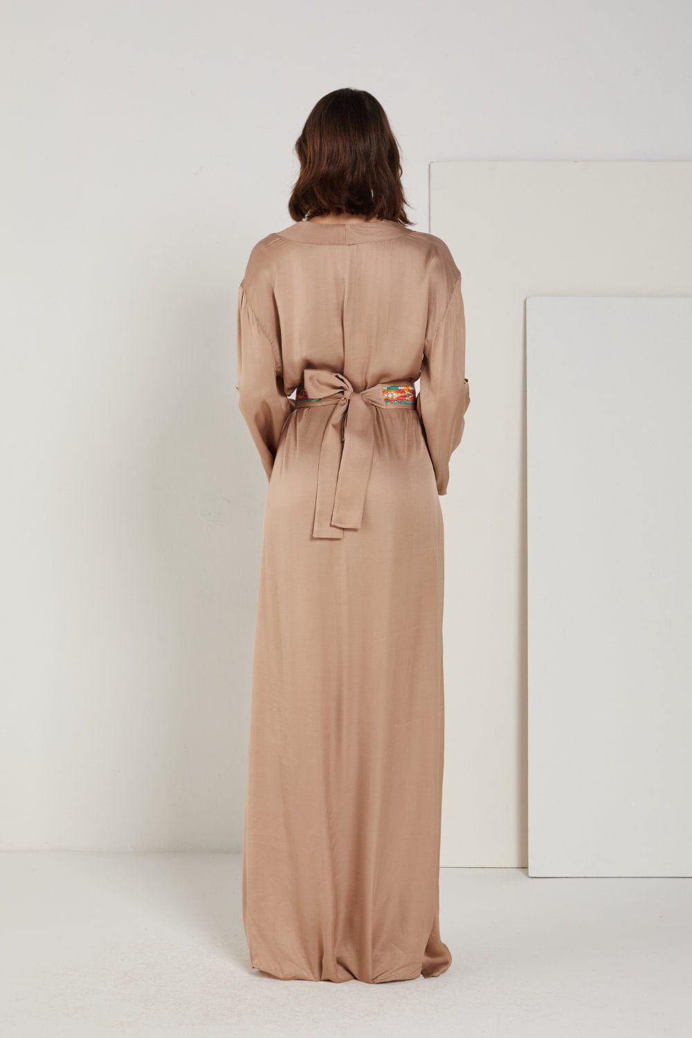 Access - Vestido Longo Manga 3/4 com Cinto Bege