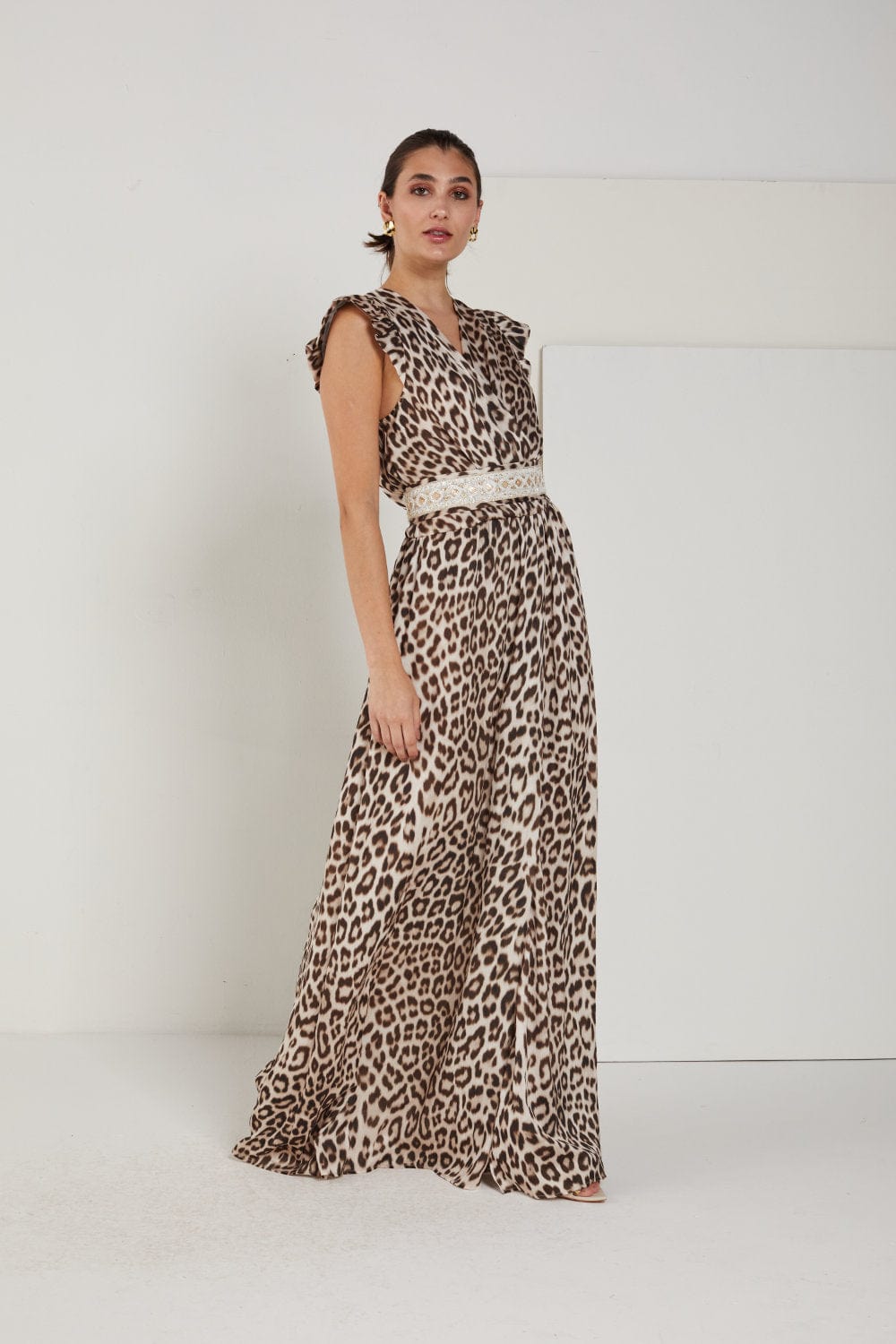 Access - Vestido Longo Envelope sem Mangas com Cinto Animal Print