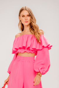 L'Cecci - Blusa Cropped Tomara que Caia com Babado Rosa