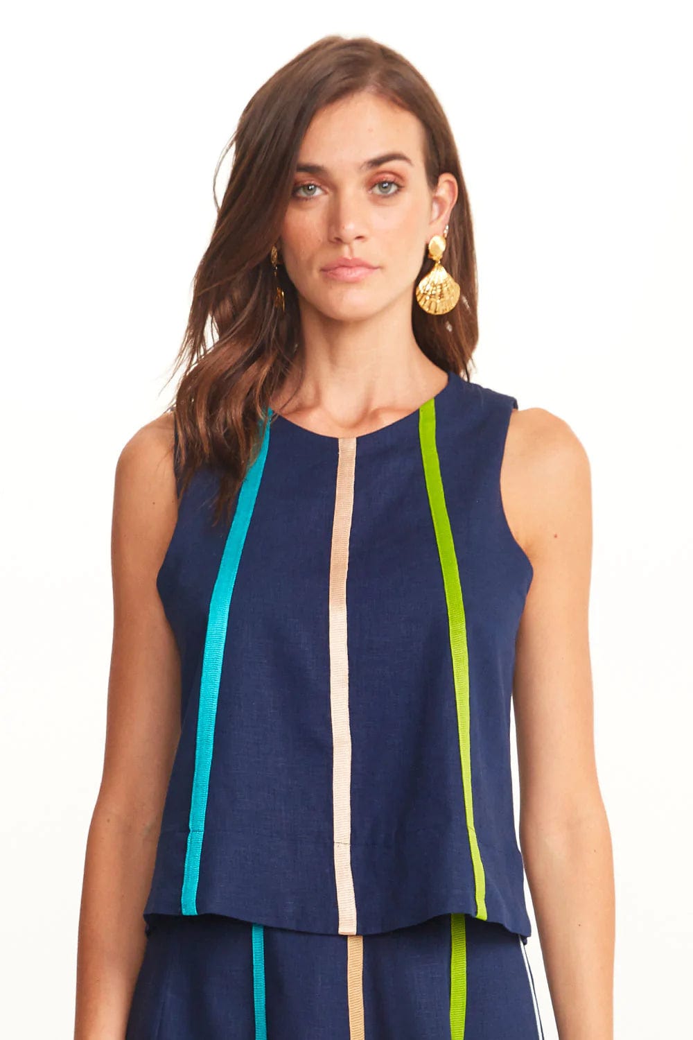 Viviane Furrier - Blusa sem Manga Trapésio com Aplicação Azul Marinho