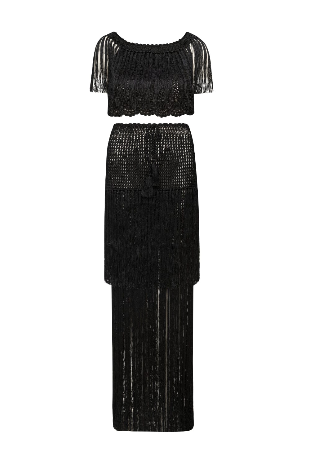 Club - Conjunto Crochet Franjas Cropped e Saia Preto