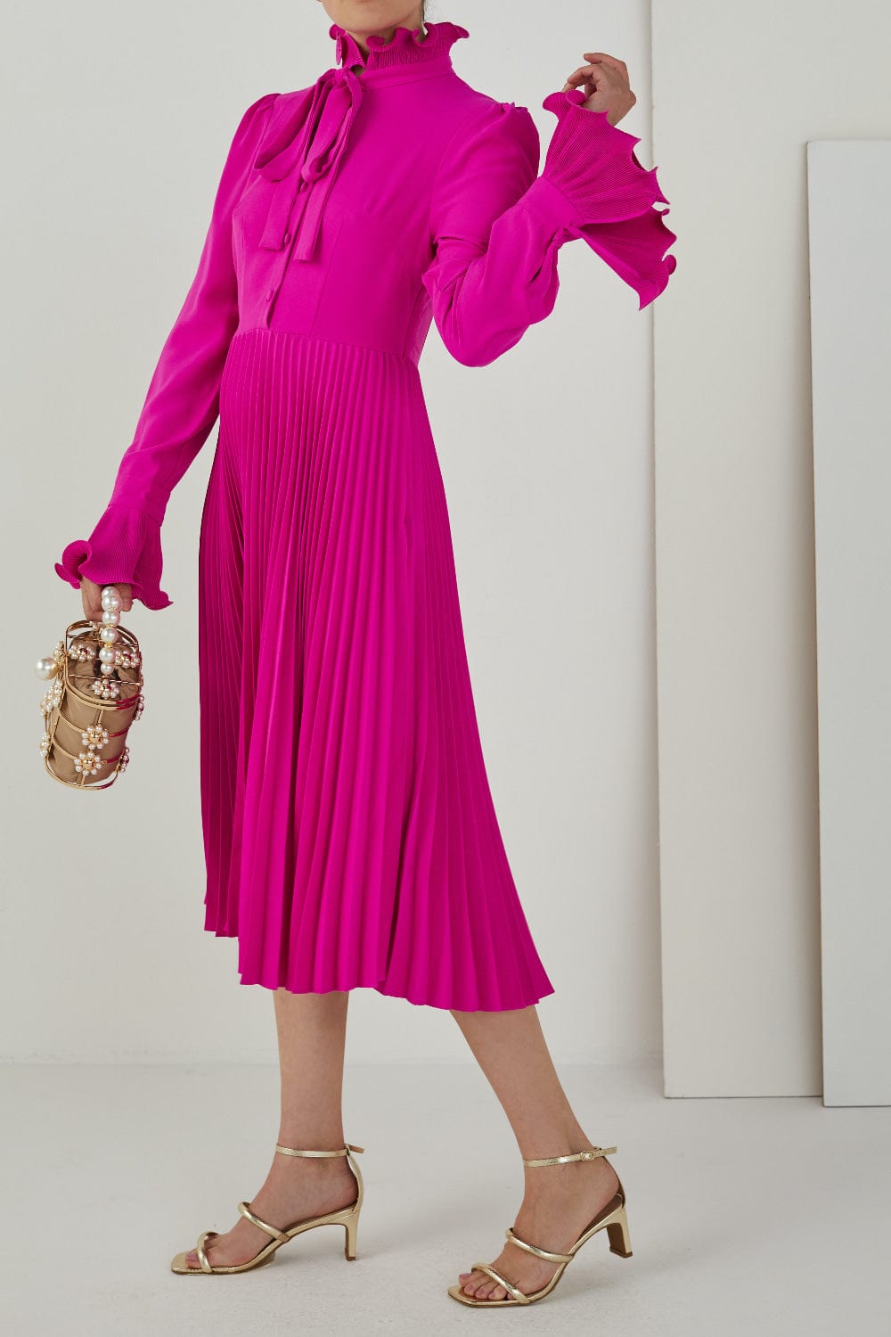 Club - Vestido Midi Manga Longa Seda Fucsia