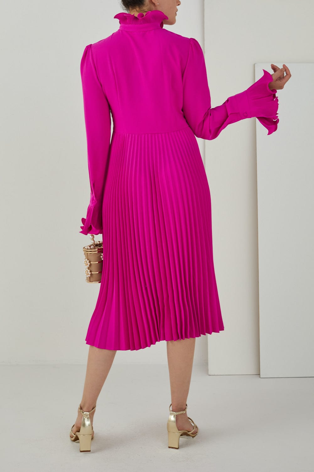 Club - Vestido Midi Manga Longa Seda Fucsia