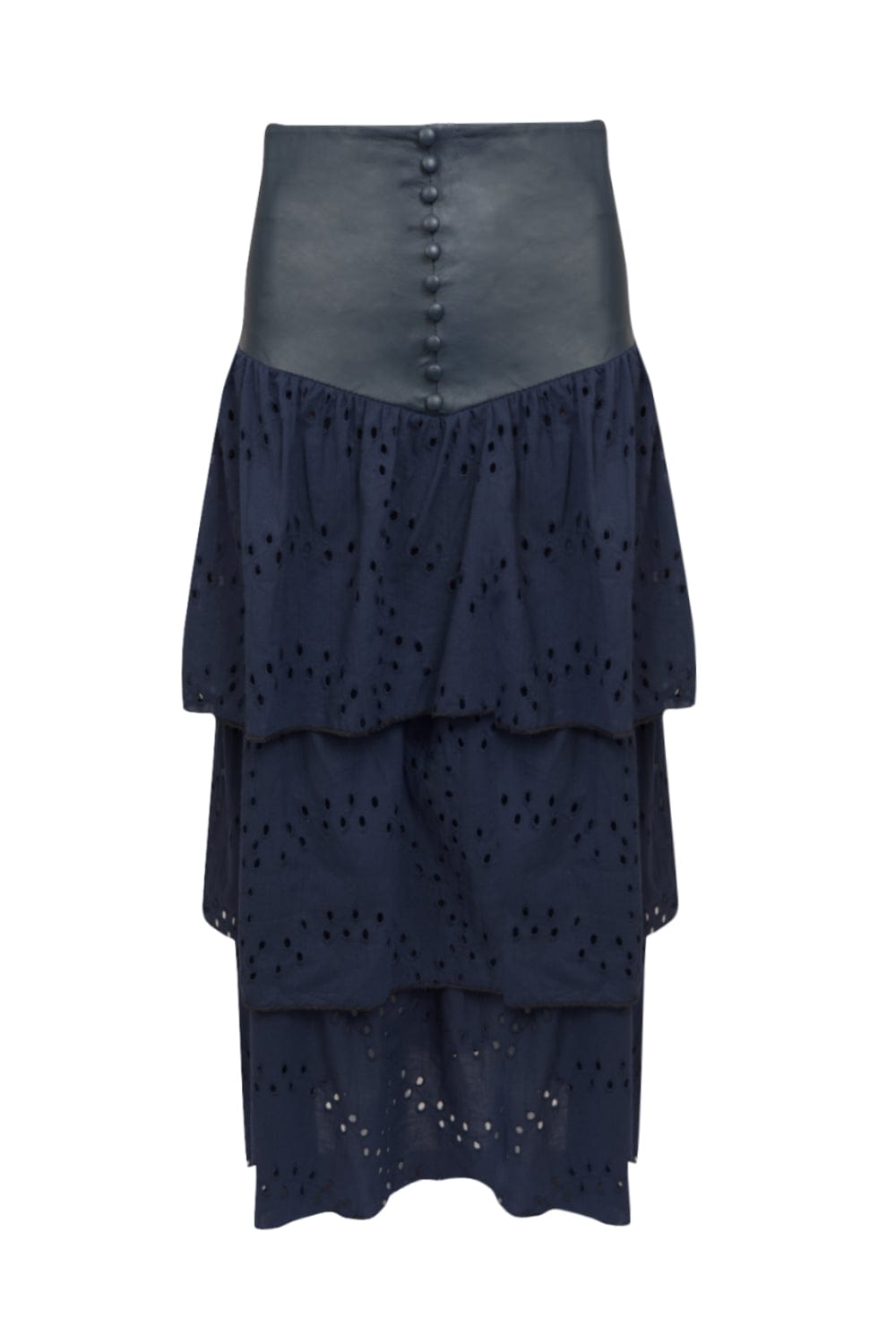 M Leal - Saia Midi Laise e Couro Azul Marinho