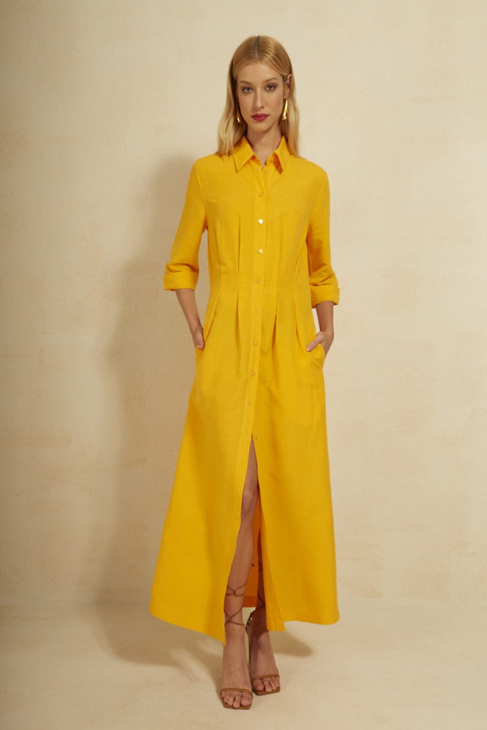 L'Cecci - Vestido Chemisier Longo Viscolinho Amarelo