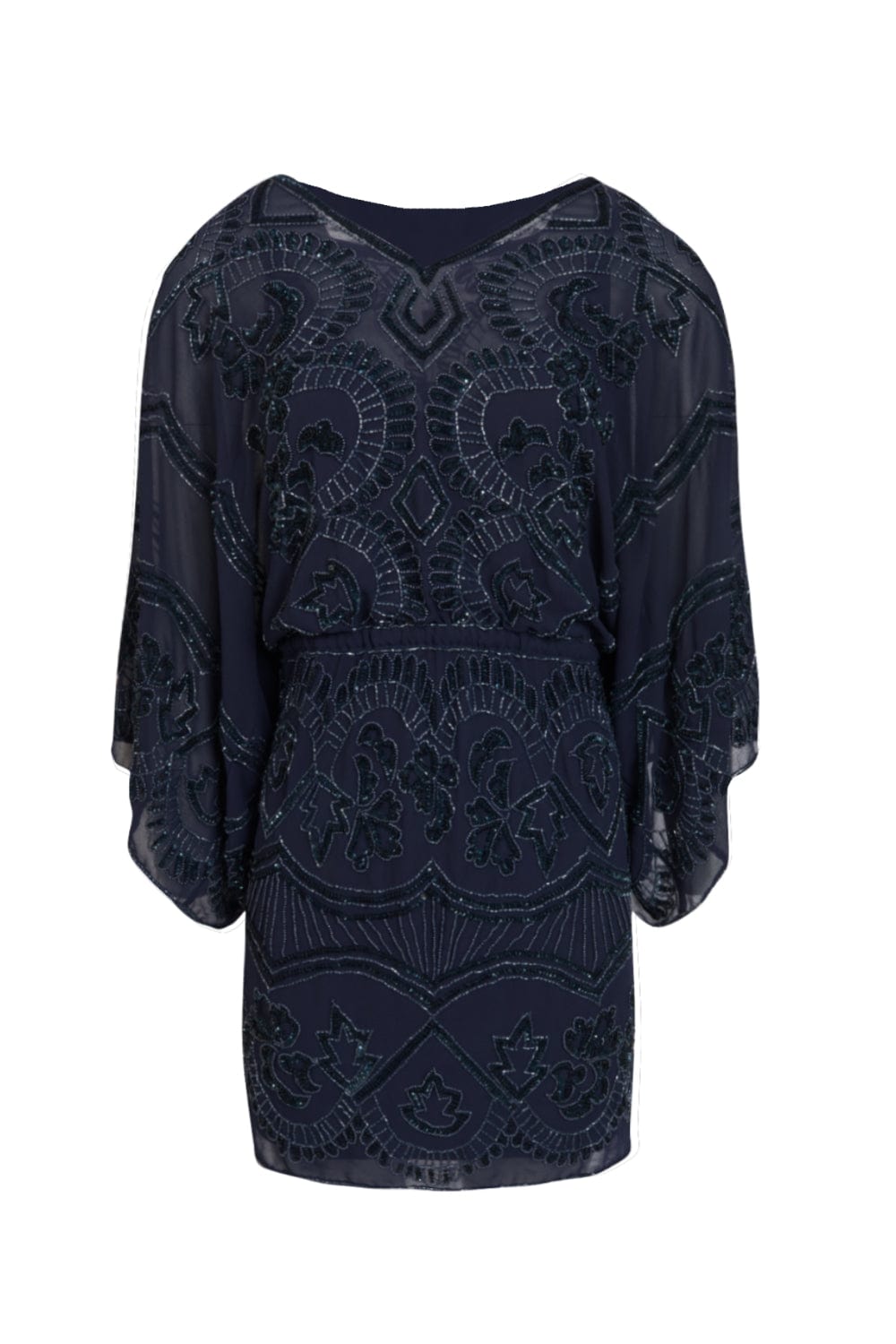 Marc Denis - Vestido Curto Blusado com Bordado e Manga Curta Azul Marinho