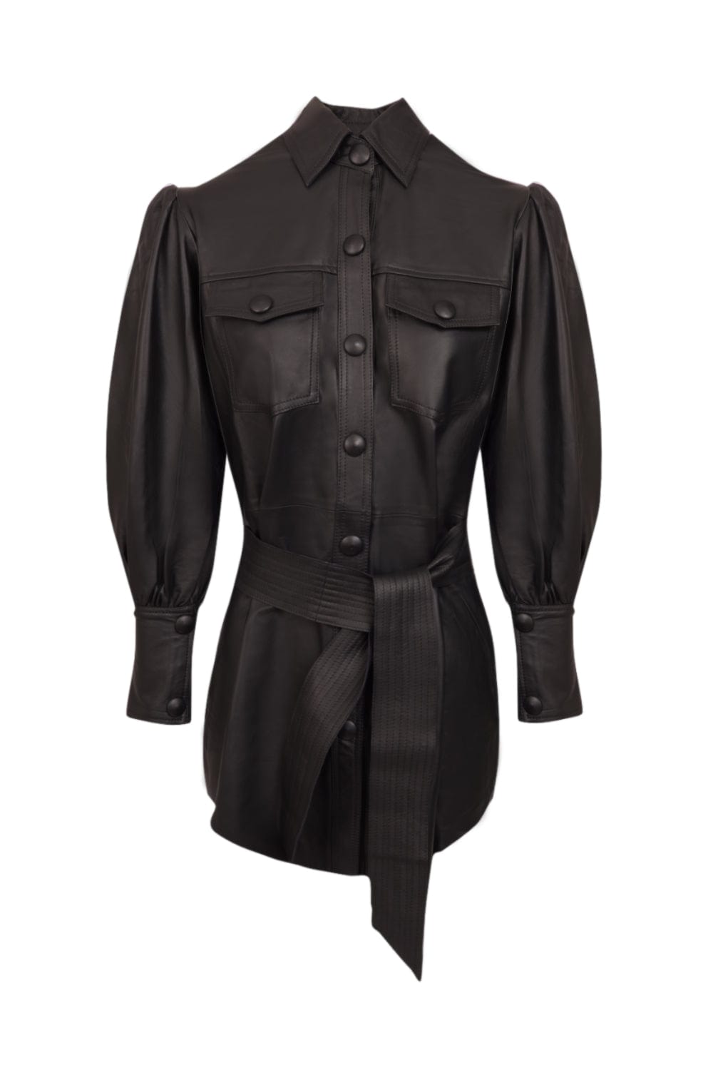 M Leal - Vestido Curto Chemisier Manga Longa Bufante Couro Preto