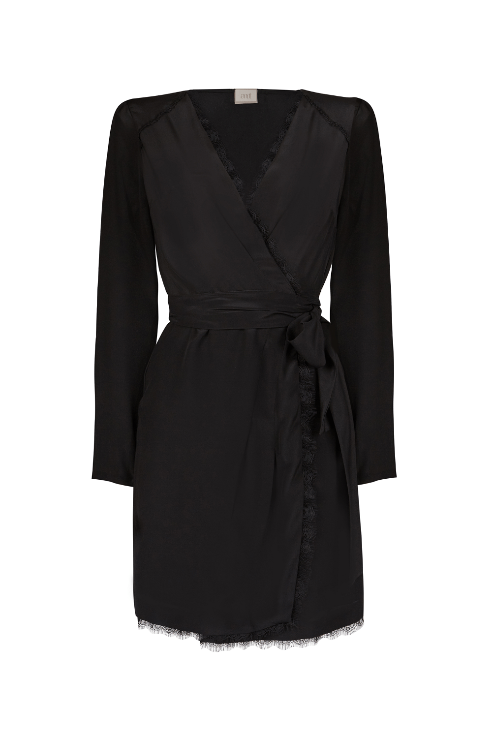 ANT - Vestido Curto Manga Longa Envelope em Seda Preto