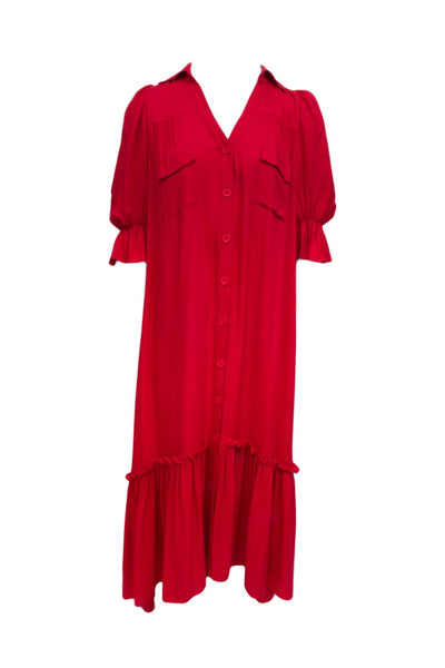 Lume - Vestido Longo Chemisier  Babado com Manga Vermelho