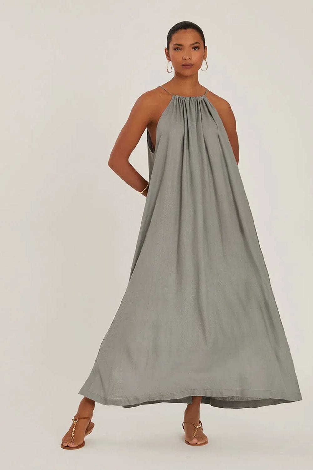 Lenny Niemeyer -  Vestido Longo Decote Franzido Beton Cinza