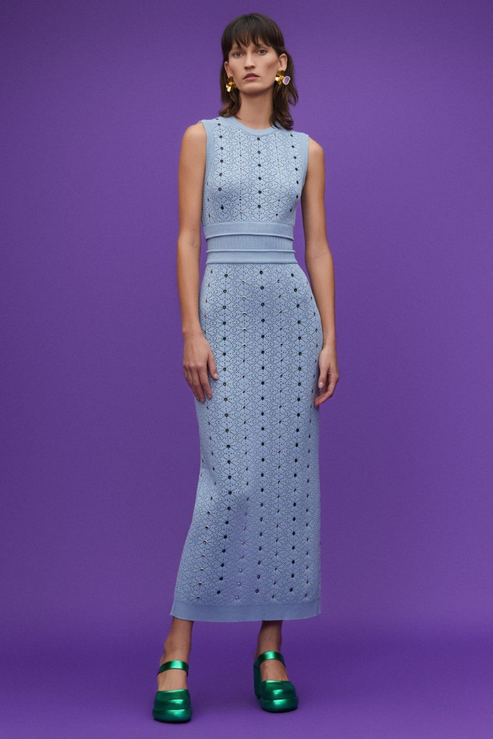 Coven - Vestido Longo Tricot Ilhós Rendado Azul Claro