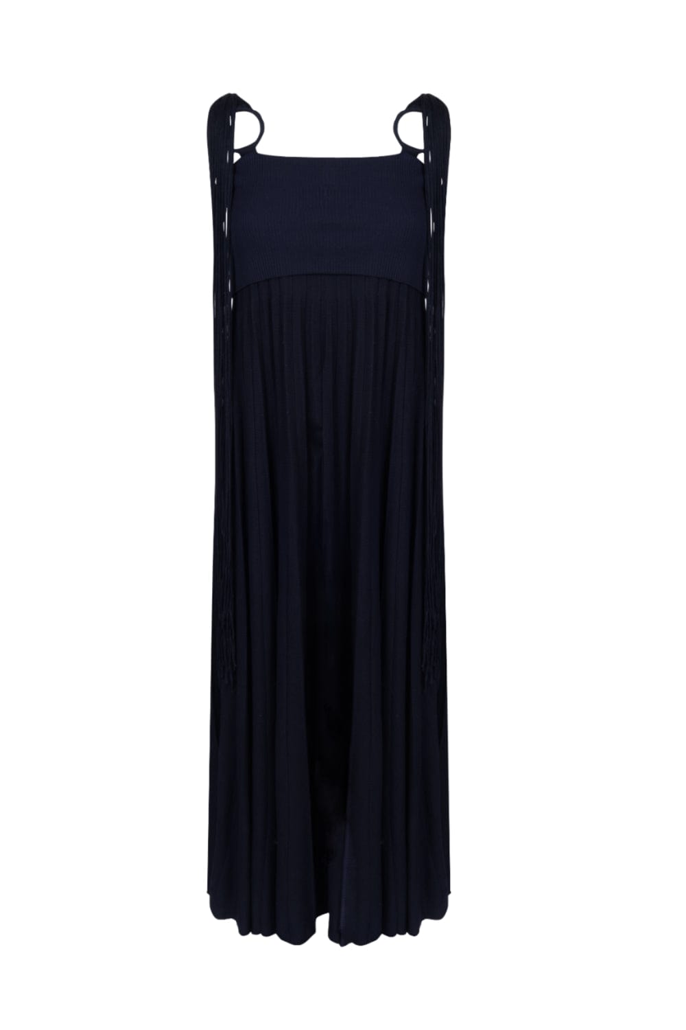 Coven - Vestido Longo Tricot Plissado Alças Franjas Azul Marinho