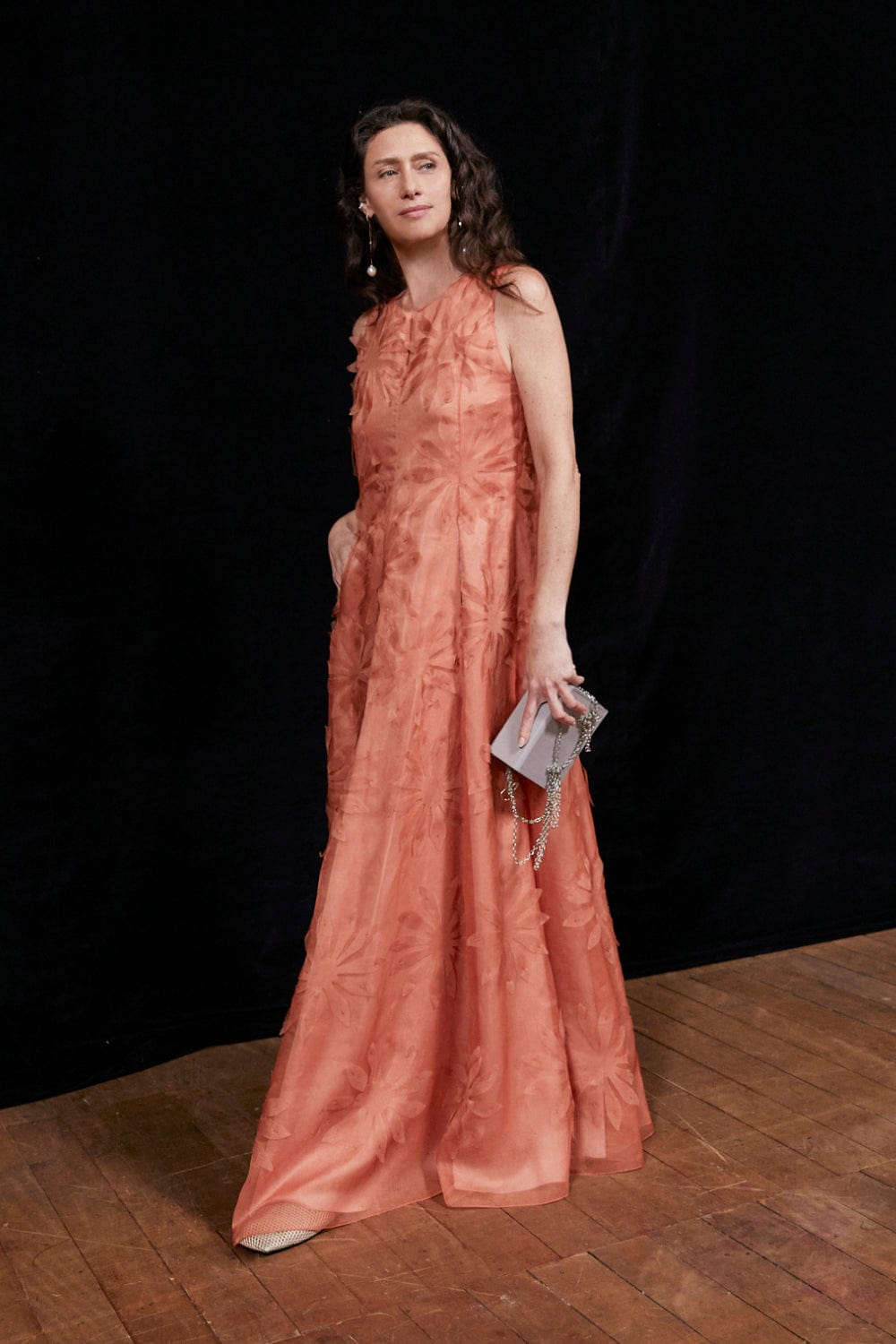 Glória Coelho - Vestido Longo de Organza de Seda com Flores Laranja