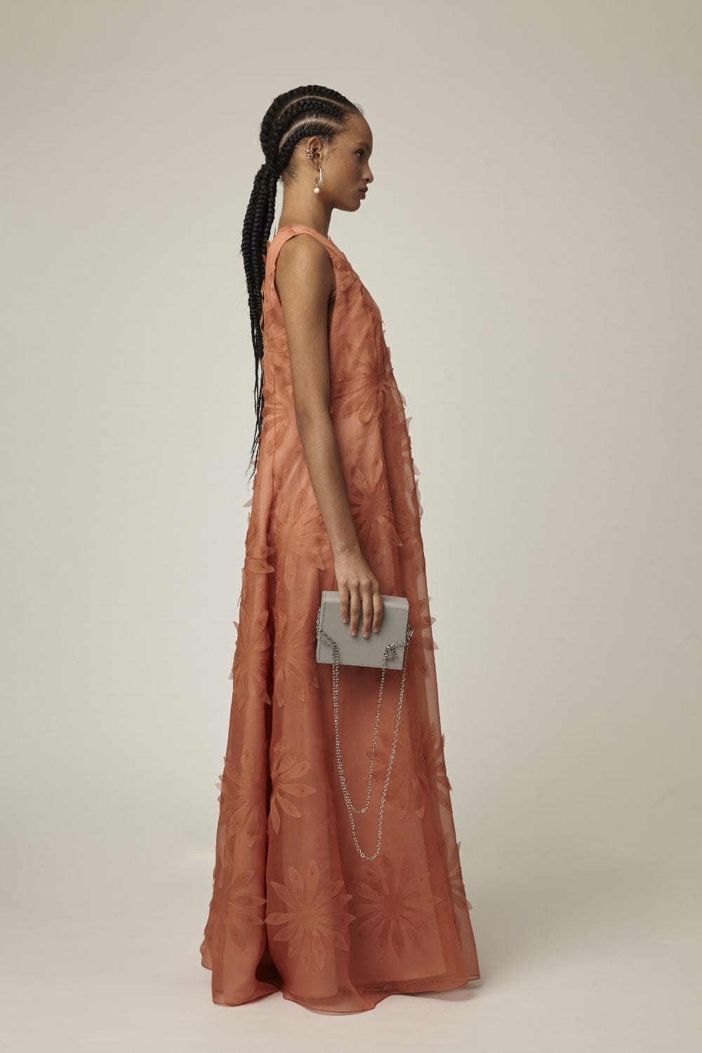 Glória Coelho - Vestido Longo de Organza de Seda com Flores Laranja