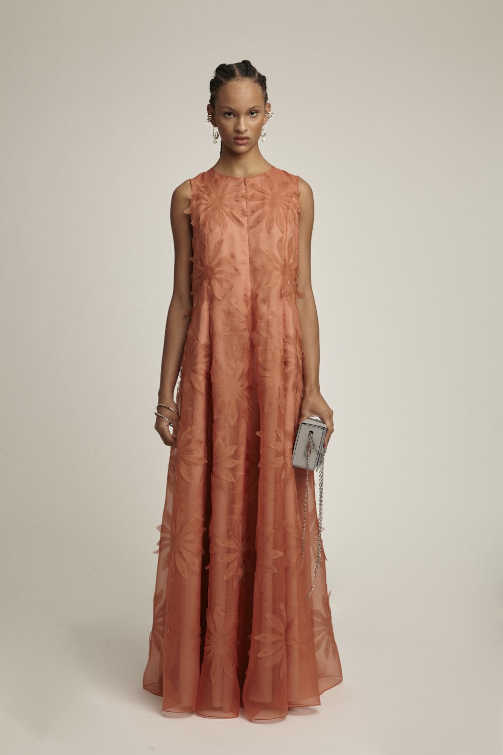 Glória Coelho - Vestido Longo de Organza de Seda com Flores Laranja