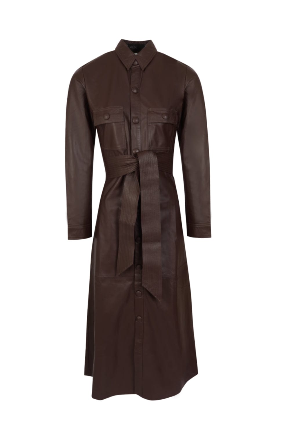 M Leal - Vestido Midi Chemisier Manga Longa Couro Marrom
