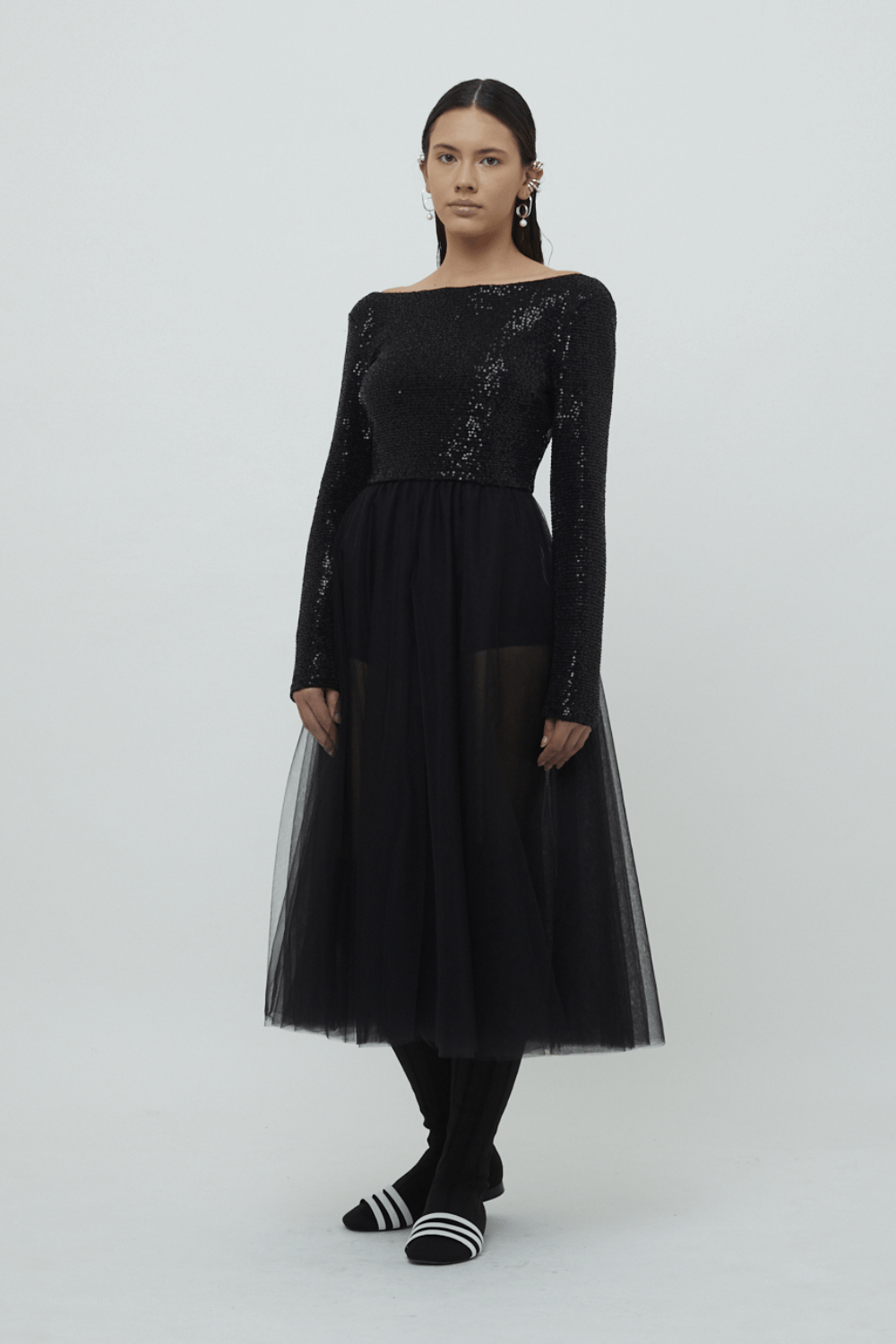 Glória Coelho - Vestido Midi Paetês e Tule Preto