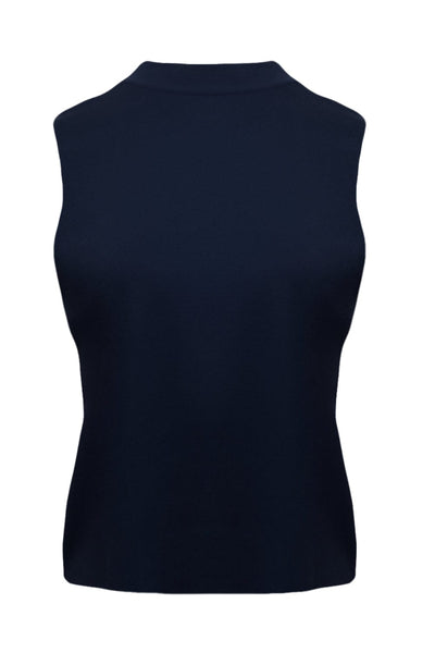 Viviane Furrier - Blusa sem Manga Gola Alta em Tricot Azul Marinho