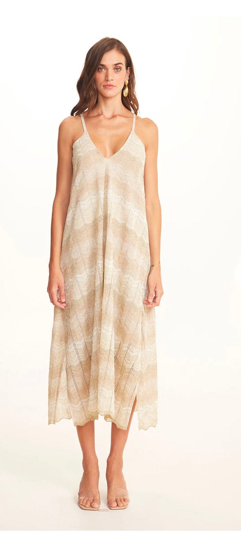 Viviane Furrier - Vestido Midi em Tricot  Chevron Dourado