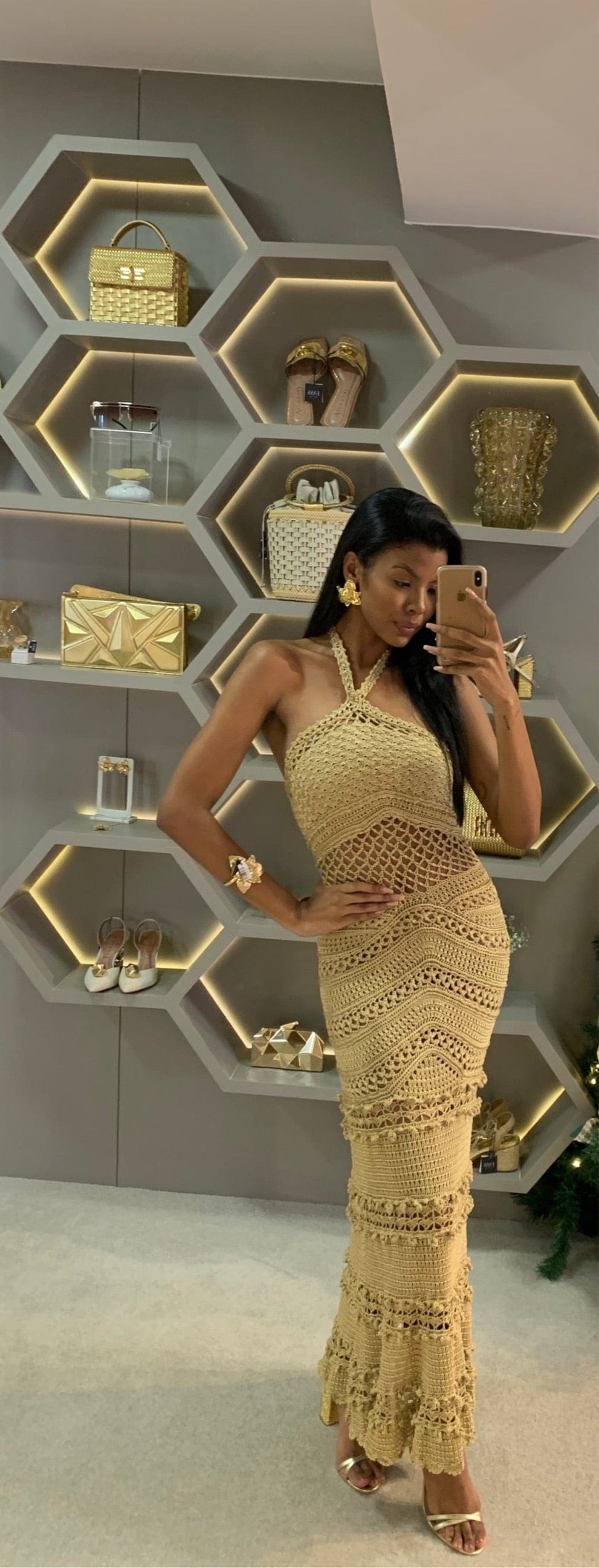 Club - Vestido Longo de Crochet Dourado