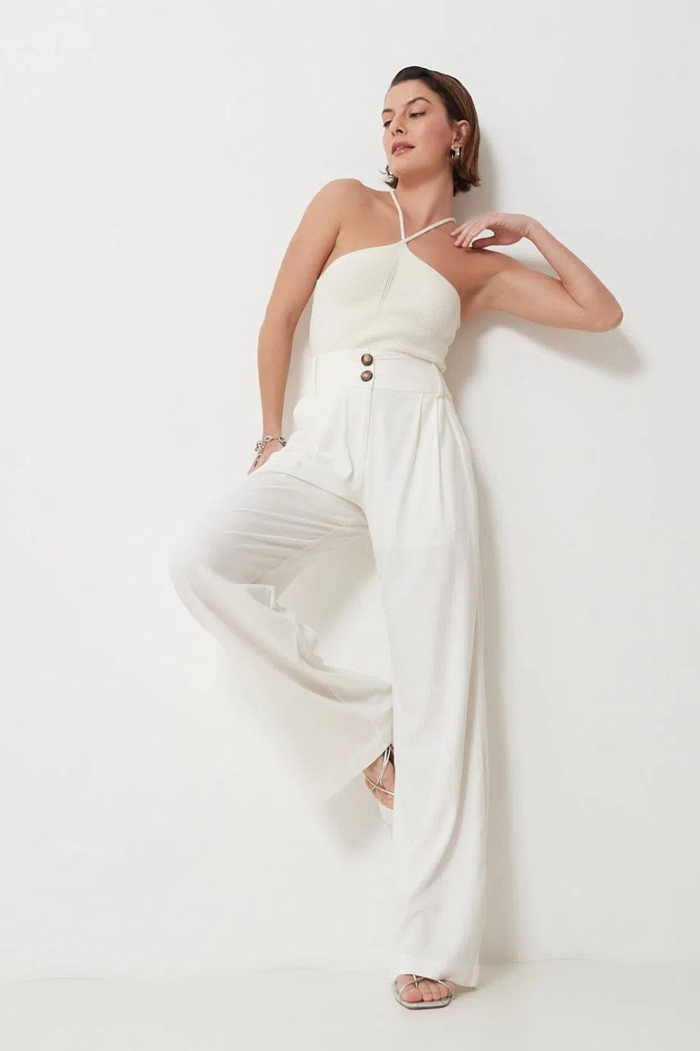 MOB - Calça Pantalona Cós Largo Viscolinho Off White